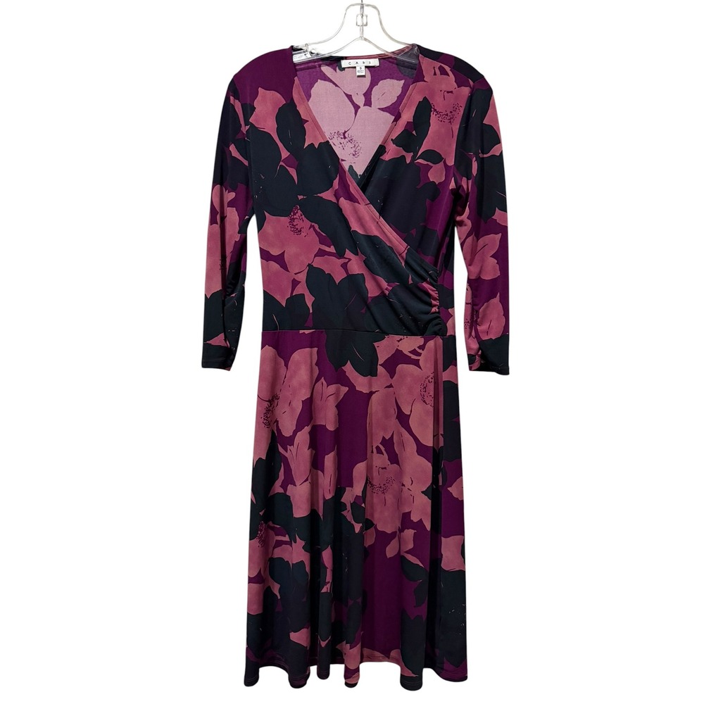 Cabi Small Floral Faux Wrap Dress Plum V-Neck Jersey 3/4 Sleeve Midi Style 837